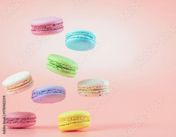 Obraz Colorful French Macarons Floating on Pastel Pink Background
