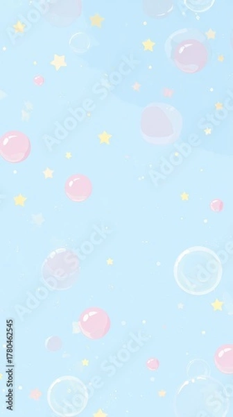 Fototapeta Cute pastel blue kawaii background with tiny stars and floating bubbles, whimsical and cheerful design for children, stationery, greeting cards, digital art, and playful decoration.