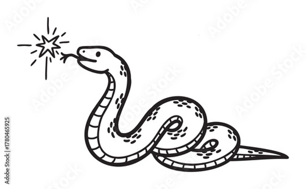 Fototapeta Black outline drawing of a coiled snake with a star-shaped spark near its head, creating a whimsical and magical atmosphere.