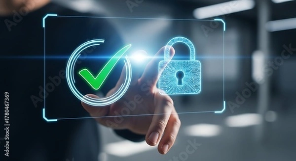 Obraz A person's hand touches a futuristic digital interface with a security checkmark and a padlock icon.