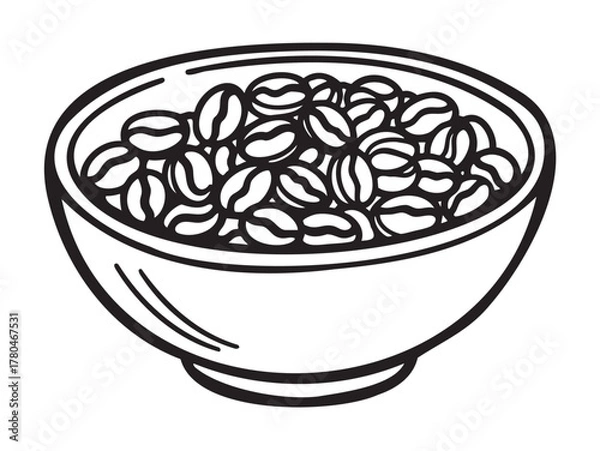 Fototapeta Black outline vector icon of a bowl filled with multiple coffee beans, illustrating ingredients for a beverage or culinary use.