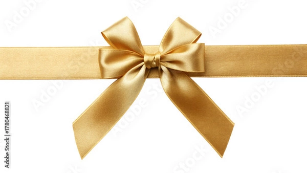 Fototapeta Golden gift ribbon with a bow tied in the center horizontal layout isolated on transparent background 