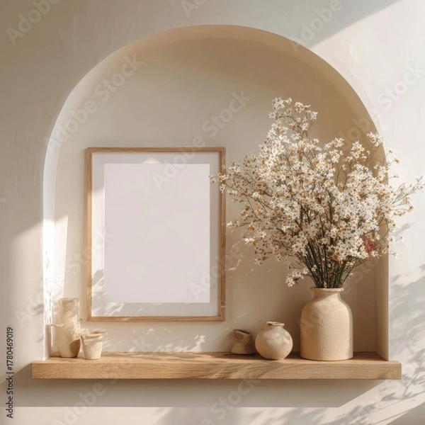 Fototapeta Minimalist interior featuring frame mock up in arched alcove with daisy flowers vase and earthy decoration