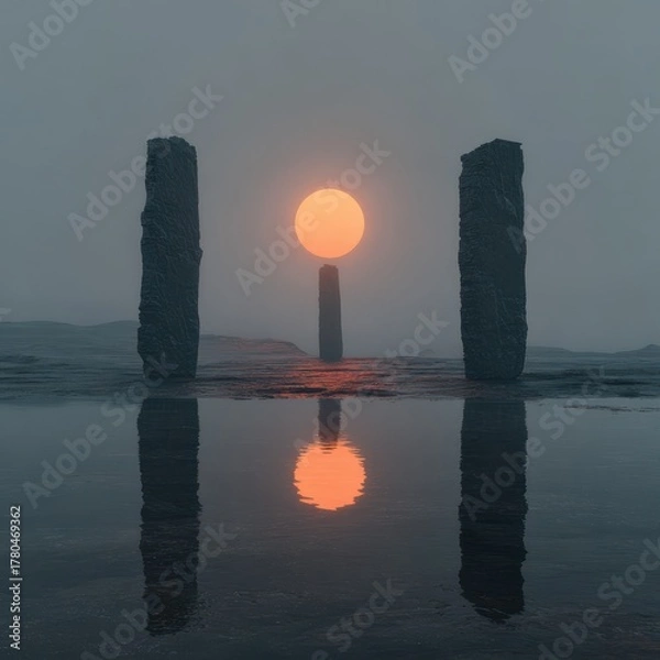 Fototapeta Ethereal monument landscape reflection shimmering dawn stone pillar tranquil sun minimalist serene scene