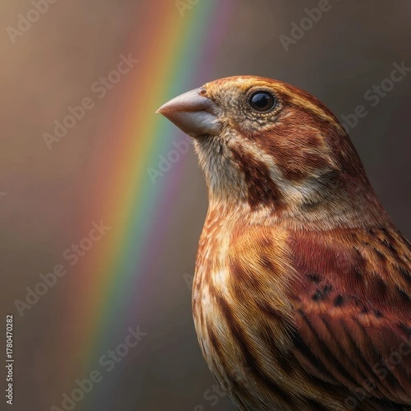 Fototapeta Captivating profile of a house finch basking in soft light with rainbow bokeh dreamy bird photography