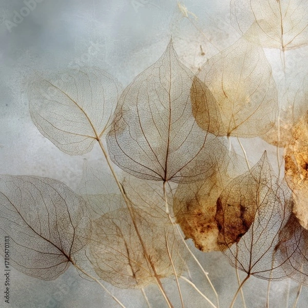 Fototapeta Delicate Beauty of Transparent Dried Leaves Against a Soft Textured Light Background Botanical Fine Art