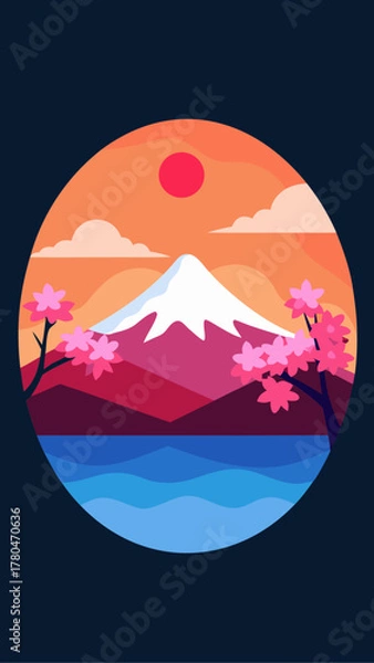Obraz Illustration of mount fuji with cherry blossoms view