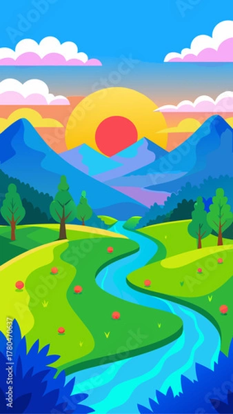 Obraz Illustration of a landscape with river and mountains