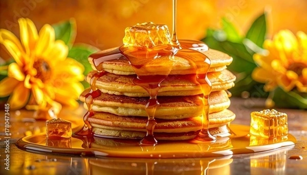 Fototapeta Stack of pancakes with syrup and cubes on golden floral background