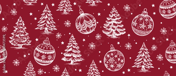 Fototapeta Christmas pattern with tree and toy on red, hand-drawn illustrations	
