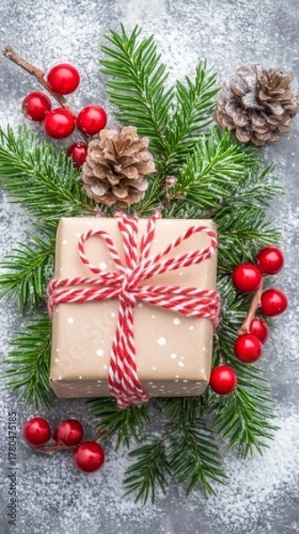 Fototapeta A wrapped Christmas gift with candy cane string, surrounded by pine branches, pinecones, and red berries on a snowy background