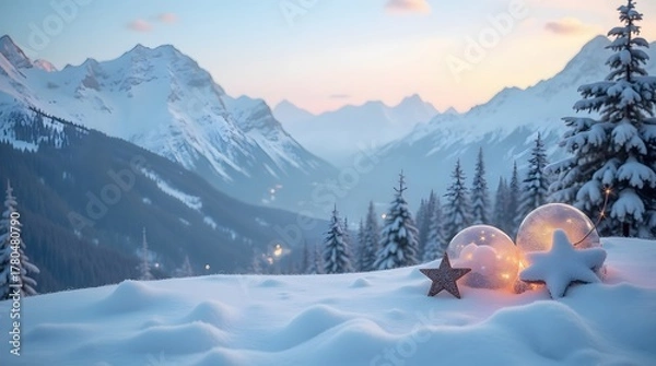 Fototapeta theme Christmas, Sparkling winter landscape with snow-covered mountains, pine trees, and glowing, purpose for background