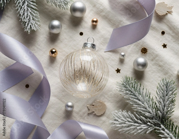Fototapeta Christmas ornaments and silver ribbon are arranged on a white linen surface, creating a festive and elegant holiday scene.