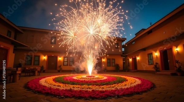 Fototapeta Celebrating Diwali with vibrant fireworks and colorful rangoli patterns in a courtyard setting during the night
