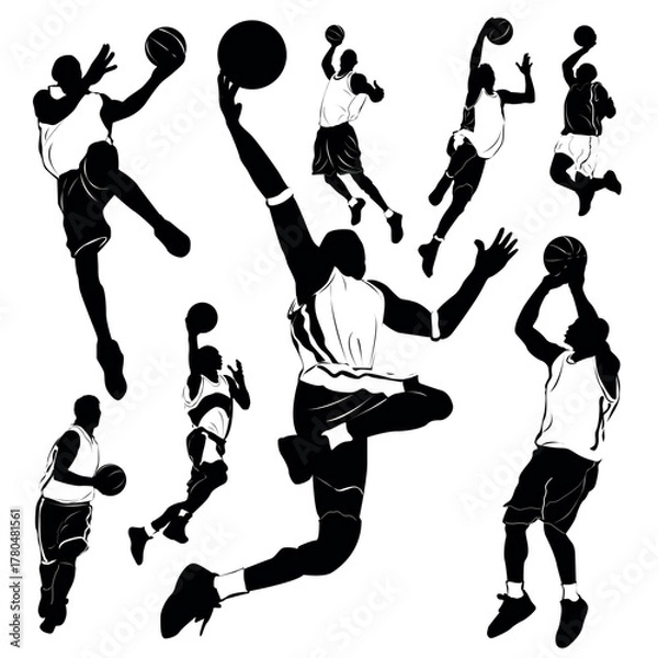 Obraz Basketball player silhouettes in dynamic action poses dribbling shooting dunking jumping