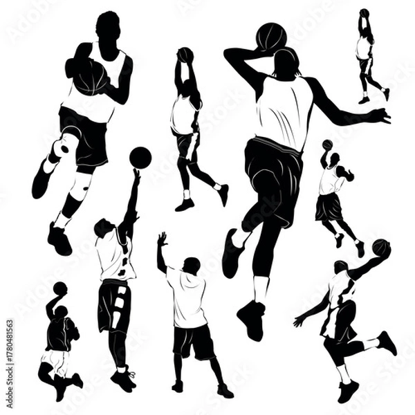 Obraz Basketball player silhouettes in action poses dribbling shooting dunking passing defending