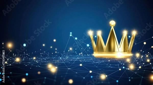 Fototapeta A luminous golden crown floating amid a futuristic blue network of connecting nodes and sparks
