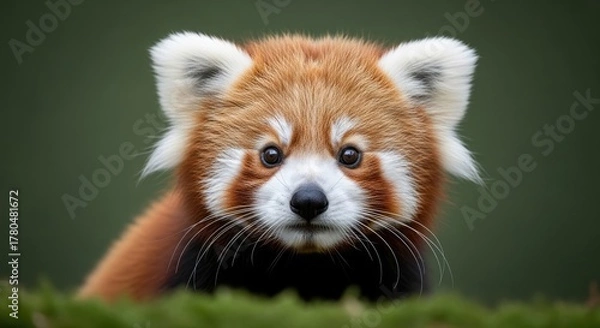 Obraz A close-up portrait of a small, fluffy red and white animal with large, expressive eyes and a gentle demeanor. It sits against a blurred green backdrop, looking directly at the viewer