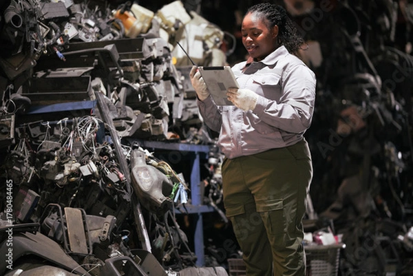 Fototapeta Black female technician check used car damaged engine at scrapyard warehouse recycle area part. African American engineer inspecting rusty oily auto motor old spare part in junkyard for reuse service