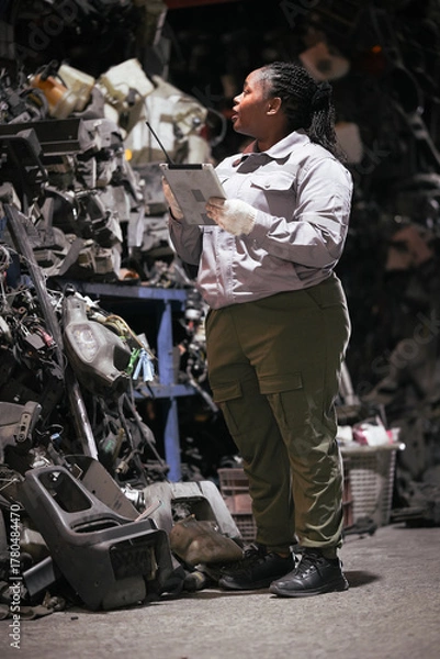 Fototapeta Black female technician check used car damaged engine at scrapyard warehouse recycle area part. African American engineer inspecting rusty oily auto motor old spare part in junkyard for reuse service