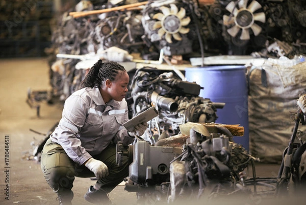 Fototapeta Black female technician check used car damaged engine at scrapyard warehouse recycle area part. African American engineer inspecting rusty oily auto motor old spare part in junkyard for reuse service