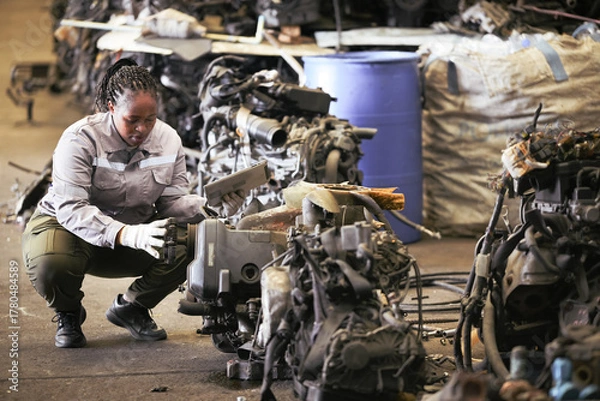 Fototapeta Black female technician check used car damaged engine at scrapyard warehouse recycle area part. African American engineer inspecting rusty oily auto motor old spare part in junkyard for reuse service
