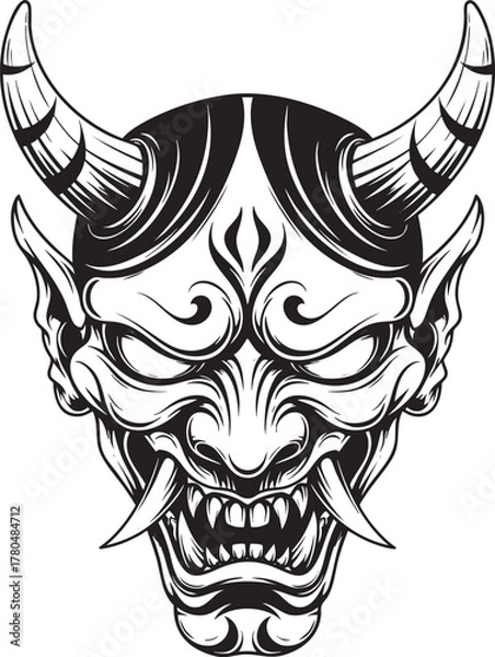 Fototapeta Black and white illustration of a fierce Japanese Oni demon mask with sharp horns fangs and an angry expression.
