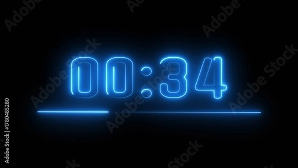 Fototapeta Neon timer seconds illustration. Neon countdown clock number on black background.