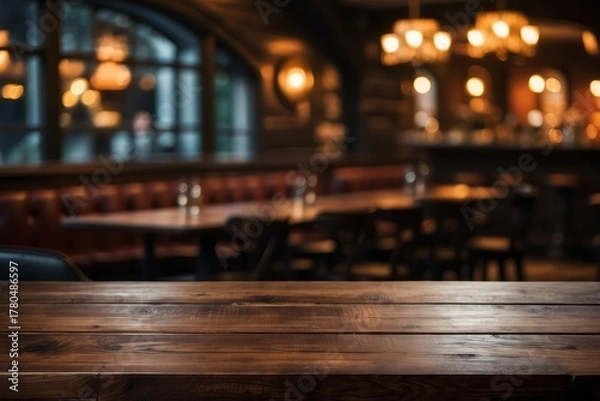 Obraz Rustic empty wooden table, Vintage pub interior, Dark wood counter, Restaurant space
