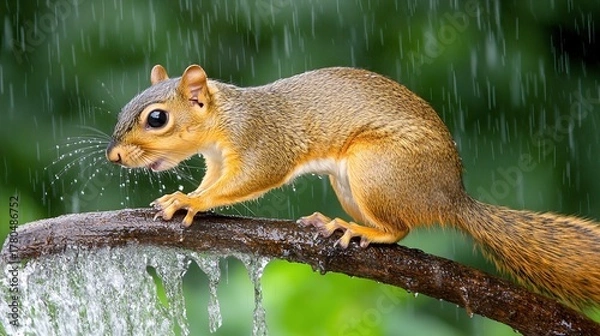 Fototapeta A Rainy Day Scene of a Squirrel Balancing on a Wet Branch in the Rainforest