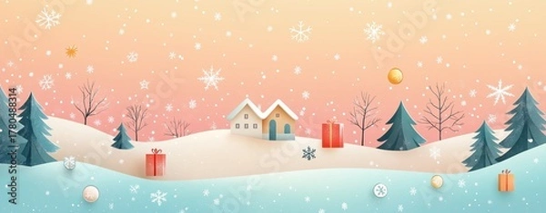 Fototapeta Minimalist Christmas vector illustration of geometric snowflakes and minimal icons on pastel backdrop