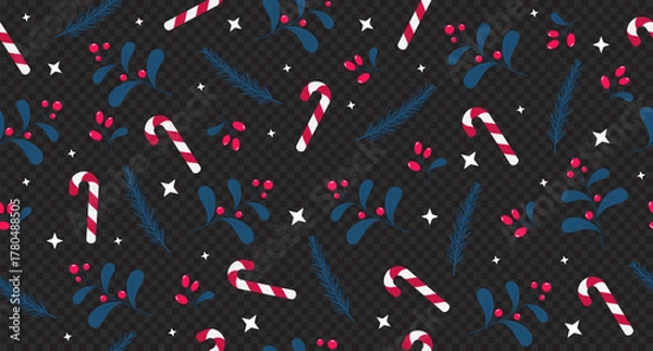 Fototapeta Leaves and berries with candy cane seamless pattern. Perfect for wrapping paper, fabric, and holiday decoration. Winter holidays theme. Vector illustration