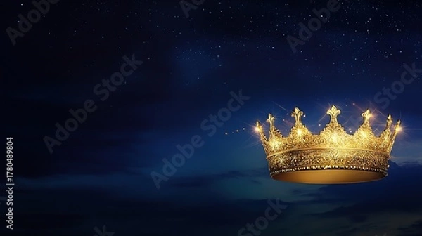 Obraz A Shimmering Golden Crown Resting on a Glowing Floating Ring Against a Deep Blue Night Sky