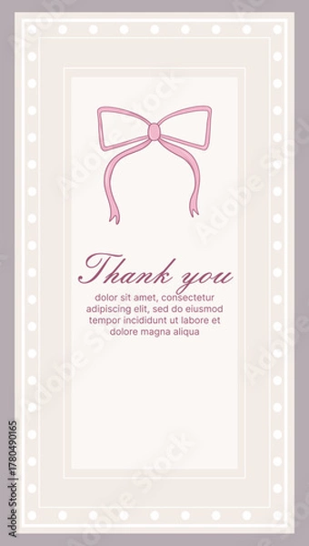Fototapeta Elegant thank you card with a pink bow and dotted border. Perfect for expressing gratitude