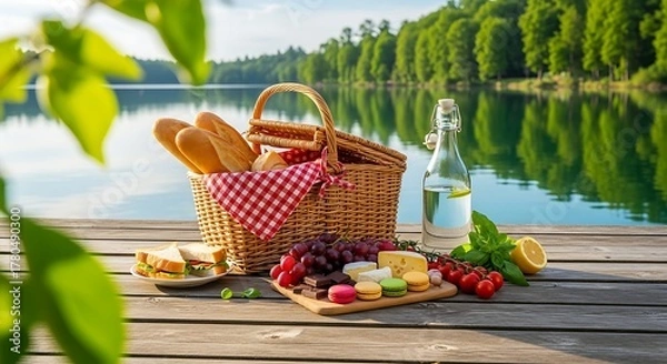 Fototapeta Beautiful Lakeside Picnic Spread on a Wooden Dock with Refreshing Drinks and Appetizing Food