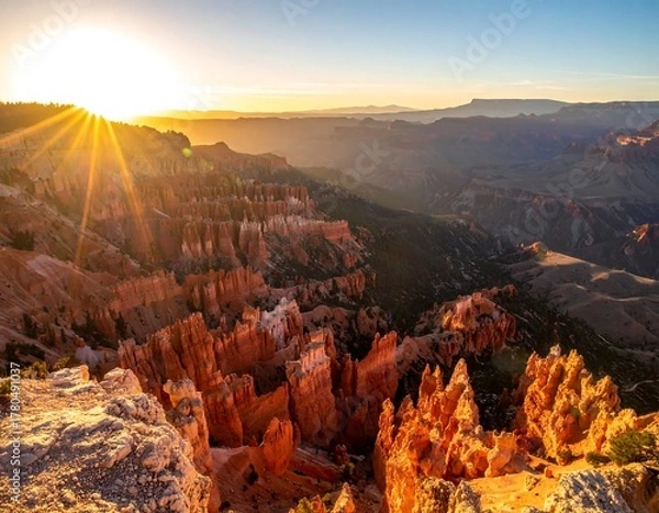 Obraz Scenic canyon vista at sunset with radiant sun rays over rock formations