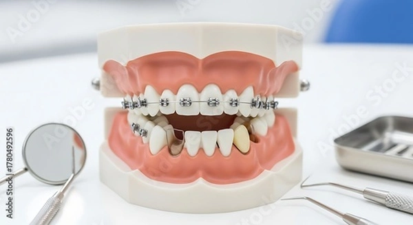 Fototapeta Dental Model Demonstrating Orthodontic Braces Treatment for Misaligned Teeth