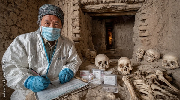 Obraz Archaeologist wearing protective suit and face mask documenting skeletal remains inside ancient mud brick tomb with human skulls and bones in dimly lit underground chamber