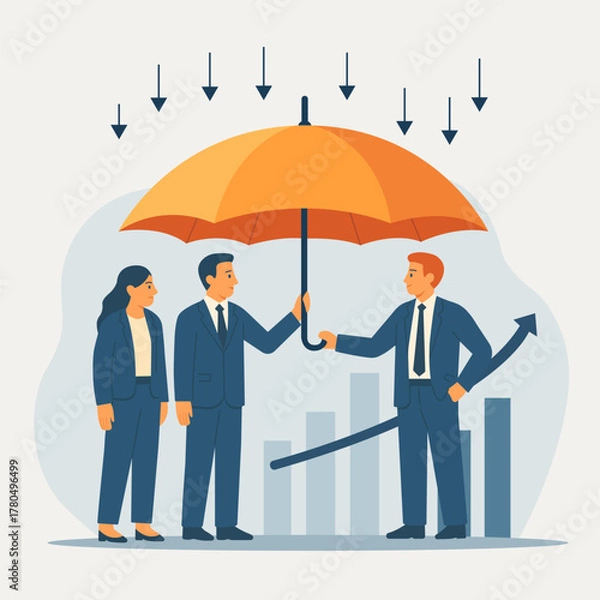 Obraz Vector illustration of business people standing under a large umbrella symbolizing teamwork, protection, and business stability. Ideal for insurance, risk management.