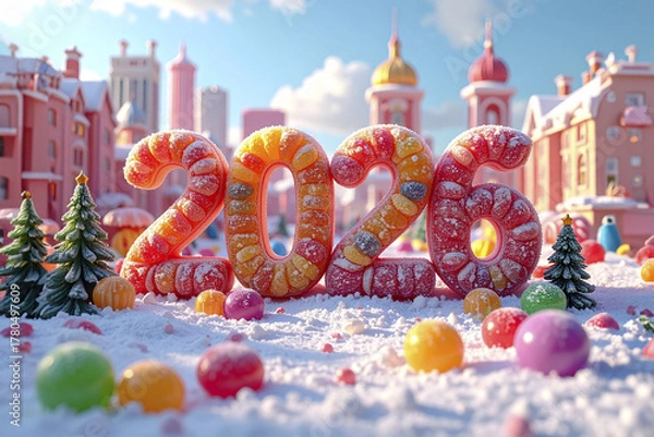 Obraz Text with the year 2026 in large letters inside a European city in a Christmas celebration atmosphere