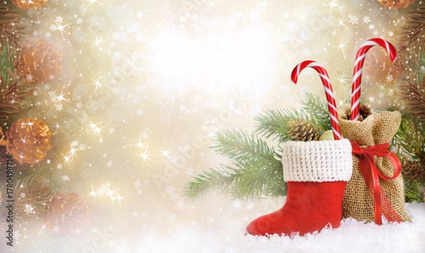 Fototapeta Christmas background with decorative Santa's red boot, candy cane lollipop and gift bag, branch and pine cones for tree decoraton. New Year winter holidays fantasy concept with decor and copy space.