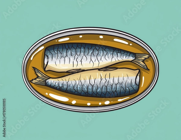 Obraz Illustration of Canned Sardines in Oil on Green Background
