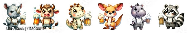 Obraz Cartoon animal with beer mug illustration for party isolated transparent background.