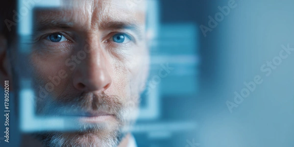 Fototapeta A serious man's face being scanned by a digital recognition system. The focus is on the man's face with the technology overlayed