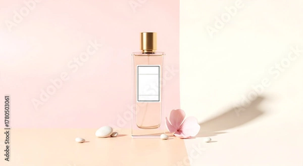 Fototapeta Elegant Essence of Fragrance: A luxurious perfume bottle, exquisitely designed and filled with a delicate, captivating scent. It rests gracefully alongside elegant accessories in soft focus.
