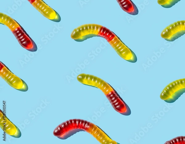 Obraz Colorful Gummy Worm Candies on Bright Blue Background