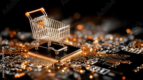 Fototapeta Shopping cart sitting on a glowing computer microchip and circuit board, representing modern e commerce, digital retail, and online purchasing with advanced technology