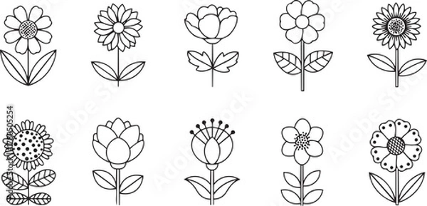 Obraz Minimal black and white floral vector icons with geometric symmetry, including daisies, sunflowers, tulips, and abstract flower shapes, clean line art style, modern botanical design.