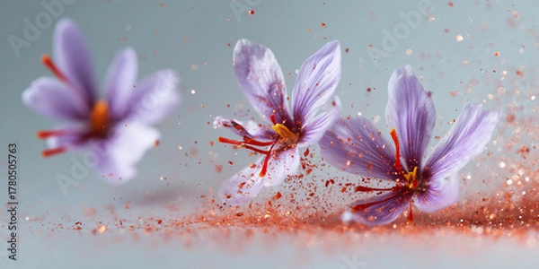 Fototapeta A vibrant close-up captures delicate purple flowers with their vibrant red stigmas, with sparkling accents.