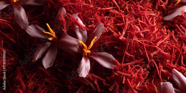 Fototapeta A close-up captures the beauty of saffron threads and delicate crocus flowers, presenting a visually appealing and sensory rich image